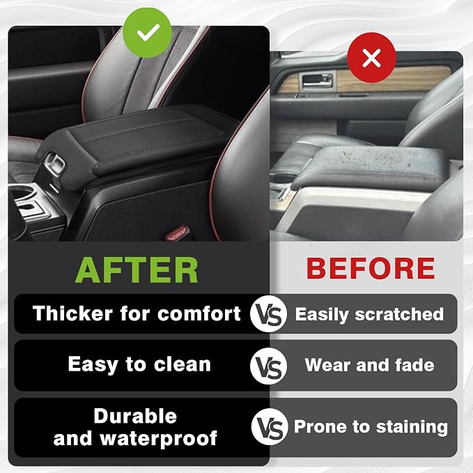 Muslogy Center Console Armrest Cover Fit for Ford F-150 F150 2009-2014 Accessories, Comfort Armrest Pad Console Lid Cushion Vegan Leather Regular Thick(Bucket Seat ONLY)