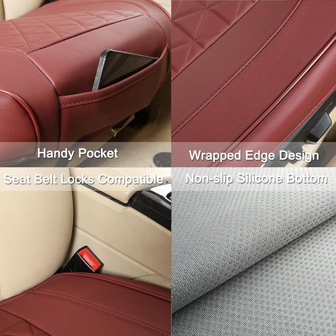 Black Panther Luxury Faux Leather Car Seat Cover Front Bottom Seat Cushion Cover, Anti-Slip and Wrap Around The Bottom, Fits 95% of Vehicles - 1 Piece,Burgundy