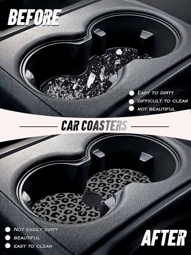 Car Cup Coasters,2 Pack Car Coaster,2.75inch Anti Slip and Absorbent Cars Coasters for Cup Holders,Neopren Accessories for Women,Cute Decor for Women (Grey Snow Leopard)