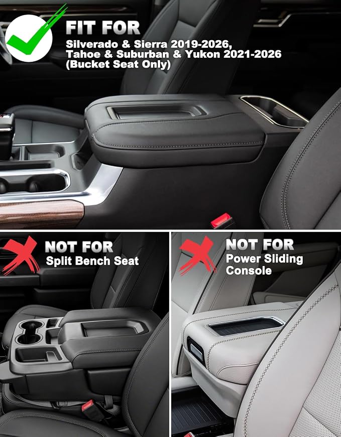 Center Console Cover for Chevy Silverado & GMC Sierra 1500 Accessories 2019-2026, Tahoe & Suburban & Yukon 2021-2026, Vinyl Car Armrest Protector, Floor Console Bucket Seat Only, Anti-Scratch, Black