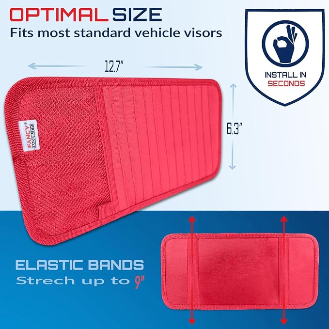 CD Case Holder for Car - Sun Visor Organizer for 12 CD’s/Dvd’s, 1 Mesh Pocket & 1 Horizontal Pen Holder - Safe, Ergonomic Design (Red)