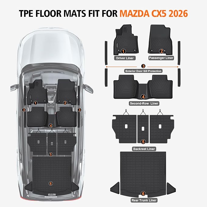 All Weather Floor Mats Cargo Liner with Backrest Mat for 2026 Mazda CX-5/CX5, TPE Rubber Liners Full Set wih Door Sill Protectors Automotive Mats for Mazda CX5 2026 Accessories