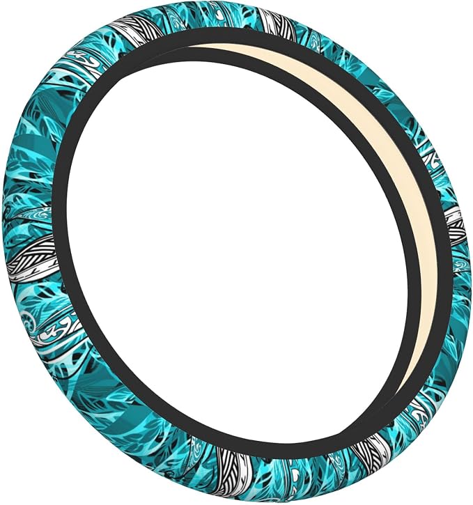 Hawaiian Teal Ocean Tribal Car Steering Wheel Cover for Women Men Stretch Cloth Anti-Slip Wrap Protector Case Fit Universal Auto Accessories Decor Sweat Absorption 14-15 Inch