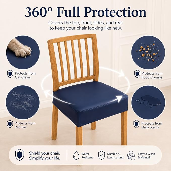 NILUOH Waterproof Seat Covers for Dining Room Chairs Set of 8, Pu Leather Chair Seat Slipcovers Dining Chair Cover Removable Washable Chair Protctor Cover, Rear Covers (PU-Navy)