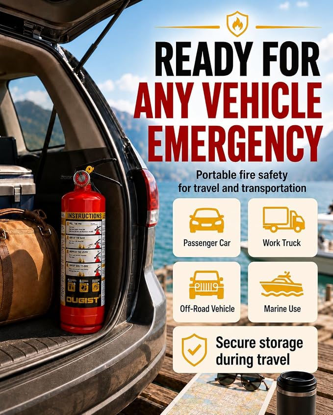 Ougist Essential Fire Extinguisher for Home, 1-A:10-B:C, DRY1L, 2 Pack | Residential multi-purpose extinguisher for small household, kitchen, garage and vehicle fires; 2.5 lb, dry chemical