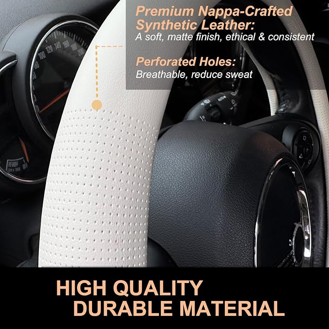 PINCTROT Nappa Leather Steering Wheel Cover, Slim Fit No Bulk Design, One Piece Leather with Breathable Perforation, Fit Like Gloves, Universal 14.5-15 Inch(Nappa White)