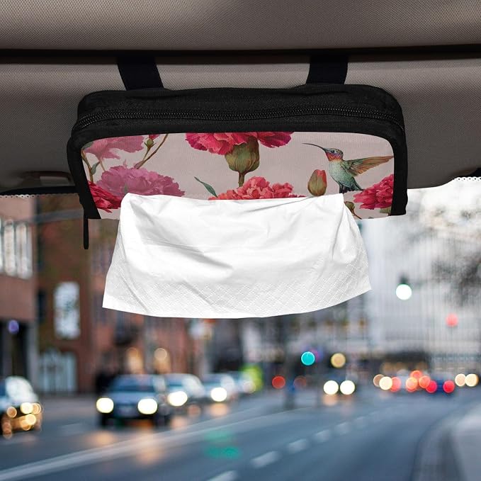Red Carnation Hummingbird Car Tissue Holder Durable Napkin Holder Hanging Tissue Holders Case Car Tissues Bag for Sun Visor Seat Back Universal Auto