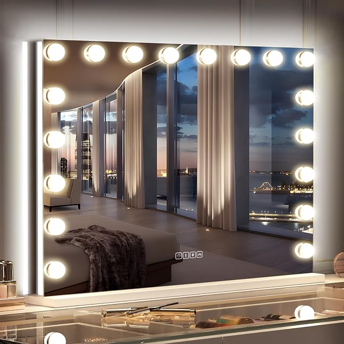 VANITII Hollywood Vanity Mirror with RGB Lights Tempered Glass Light Up Makeup Mirror with 18 Dimmable LED Bulbs 3 Color Lighting Modes Smart Touch 10X Magnification for Bedroom