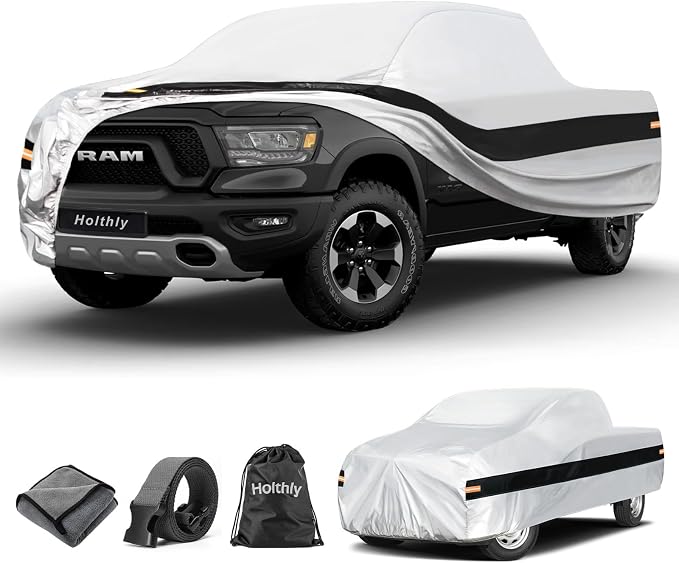10 Layers Truck Cover Waterproof All Weather Custom Fit Dodge Ram 1500(2009-2026) Crew/Quad Cab Short Bed, Outdoor Full Exterior Pickup Car Cover Sun Rain Snow Ice Protection. Sliver
