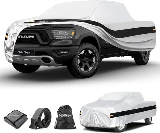10 Layers Truck Cover Waterproof All Weather Custom Fit Dodge Ram 1500(2009-2026) Crew/Quad Cab Short Bed, Outdoor Full Exterior Pickup Car Cover Sun Rain Snow Ice Protection. Sliver