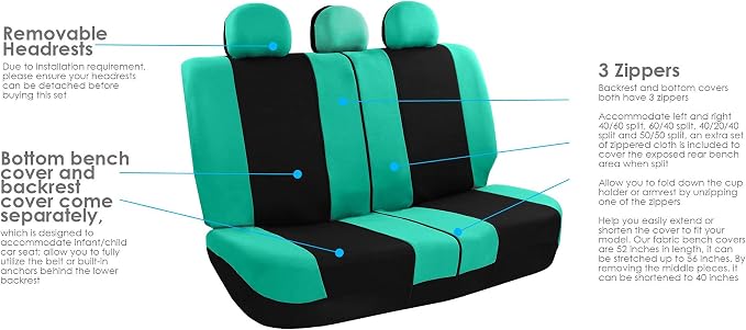 FH Group Universal Automotive Seat Covers Full Set | Light & Breezy Flat Cloth Washable Car Seat Cover for SUV, Sedan, Truck | Airbag Compatible Interior Upgrade - Mint/Black