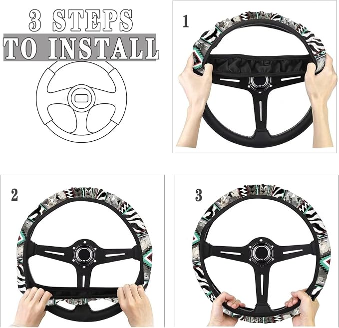 Wanyint Auto Steering Wheel Cover for Women Men, Universal 15 Inch Soft Elastic Steering Wheel Wrap Anti-Slip Easy to Install Car Accessories, Aztec Camo Zebra Print