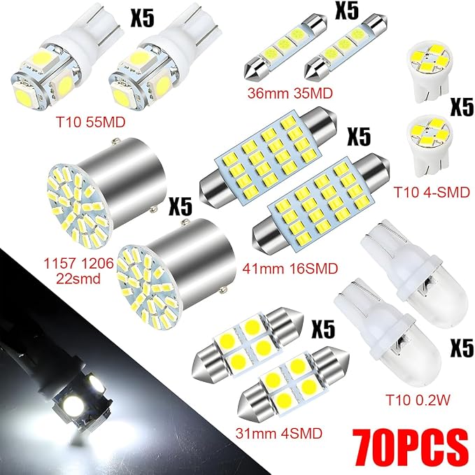 BESULEN 70 Pcs LED Car Bulb Kit, Auto Interior Lights, Dome Light 31mm 36 mm 41 mm T10 Bulbs, Super Bright Festoon Bulb Set, Vehicle Indoor Map Dome Trunk Cargo Door Courtesy License Plate Light