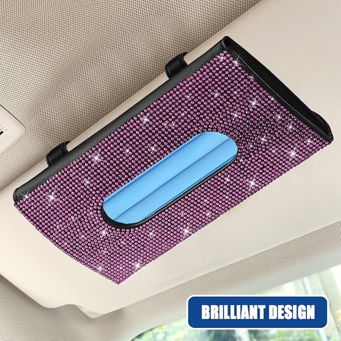 Bling Car Sun Visor Tissue Box Holder, Visor Accessories, Rhinestone PU Leather Crystal Sparkling Napkin Holder, Auto Sun Visor Paper Towel Cover Case Accessories for Most Cars (Pink)