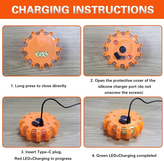 Rechargeable LED Emergency Road Flares Beacon Disc, 650mAh Lithium Battery Car Warning Safety Light with Magnetic Base, 9 Flash Modes IP67 Waterproof Type-C Charging for Vehicle Roadside Breakdown