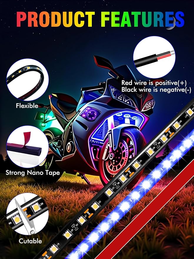 Car Led Light Strip IP67 Waterproof 8Pcs - Green Blue Red White | 12V 11Inch Footwell & Underglow Lights, Interior & Exterior Decoration, Fits SUVs, Trucks, Motorcycles, Boats, Golf Carts