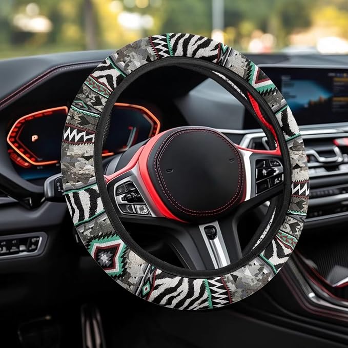 Wanyint Auto Steering Wheel Cover for Women Men, Universal 15 Inch Soft Elastic Steering Wheel Wrap Anti-Slip Easy to Install Car Accessories, Aztec Camo Zebra Print