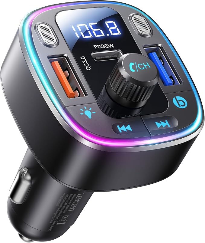 LENCENT Bluetooth 5.4 Car Adapter FM Transmitter 54W Fast Charging | Dual Mics, HiFi Bass Sound, 2 Modes LED Backlit, Cigarette Lighter Adapter Hands-Free Calling Radio, Support USB Drive