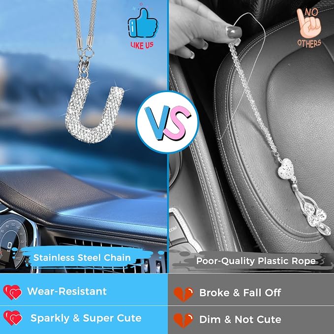 Bling Car Accessories for Women Letter Charm, Rear View Mirror Ornament Cute Hanging Crystal Pendant Girl Car Decorations, Lucky Diamond Rhinestone Girly Charm Interior (White U)