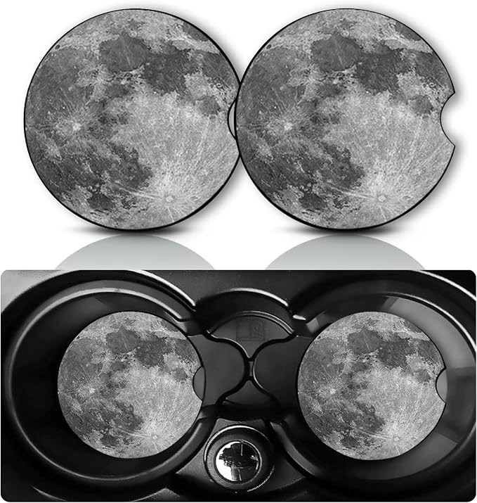 2PCS Moon Phase Car Cup Holder Coasters Universal Anti-Slip Rubber Mat | Grey Lunar Cycle Auto Accessories Interior Decor, 2.75" Car Coasters for Cup Holders, Moon Gifts for Women Men