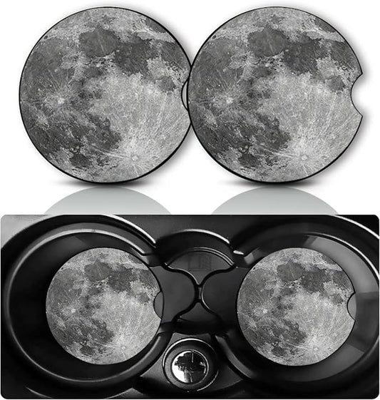 2PCS Moon Phase Car Cup Holder Coasters Universal Anti-Slip Rubber Mat | Grey Lunar Cycle Auto Accessories Interior Decor, 2.75" Car Coasters for Cup Holders, Moon Gifts for Women Men