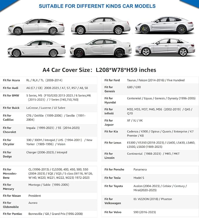 KouKou 6 Layers Car Cover Waterproof All Weather for Automobiles, Full Exterior Covers Universal Fit Sedan Lexus ES350 LS400, Lincoln MKZ MKS, Tesla Model S, BMW 750i, etc.(Length 208 inches)