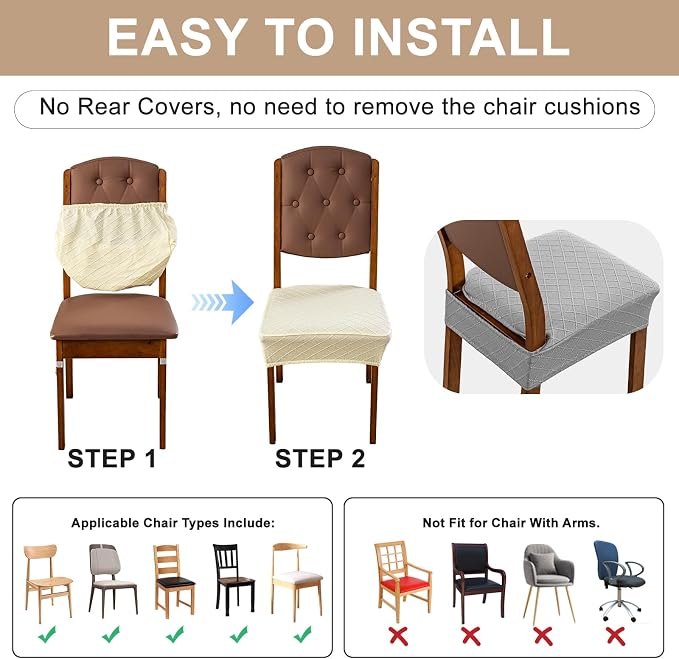 Genina Waterproof Seat Covers for Dining Room Chairs Covers Dining Chair Slipcovers Protector, No Rear Covers (Grey, 4 Pcs)