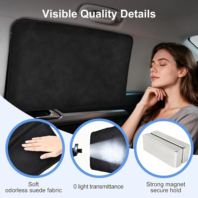 XCBYT Rear Car Window Shades, 100% Blackout Soft Suede, 2 Pack | Premium suede, metal frame fit, 100% full blackout & privacy protection for baby naps, camping & road trips (30.3x18.9")