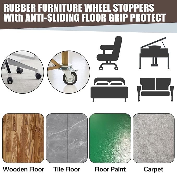 Bed Stoppers to Prevent Sliding - 4 Pack Furniture Wheel Stopper for Hardwood Floor - Rubber Caster Cups fit All Wheels of Furniture, Sofa, Bed, Chairs