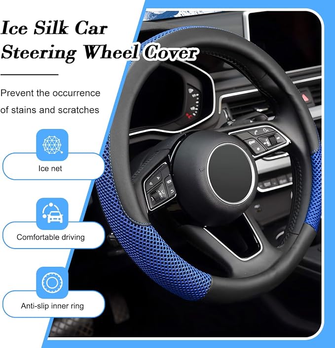Car Steering Wheel Cover, 14.5-15" Microfiber Leather Ice Silk Breathable Non-Slip Steering Wheel Protector, Cool Auto Interior Decor Accessories, Universal for Truck SUV Van (Blue)