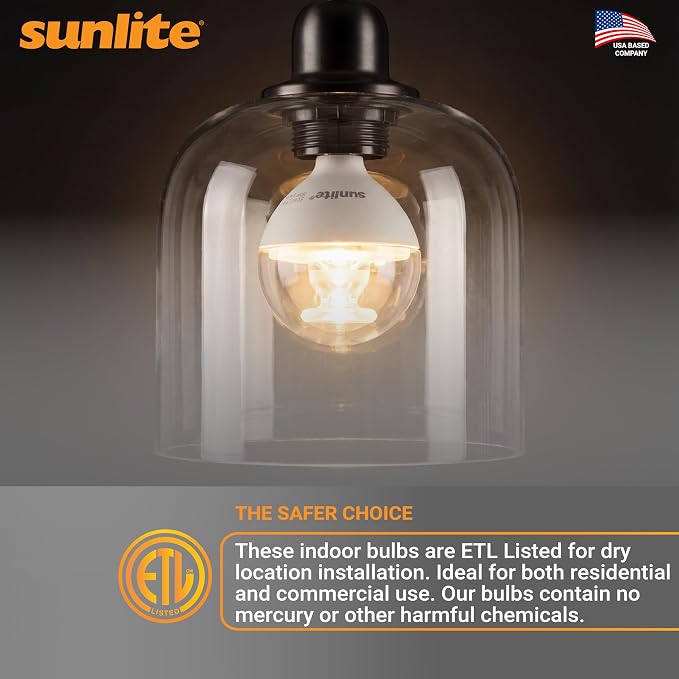 Sunlite G16.5 Light Bulb LED, 5 Watts (40W Equiv.), 350 Lumens, Dimmable, Type G Globe Shape E12 Candelabra Base, Short Bulbs, Vanity Mirror Bulbs, 2700K Soft White, Clear, 6 Count