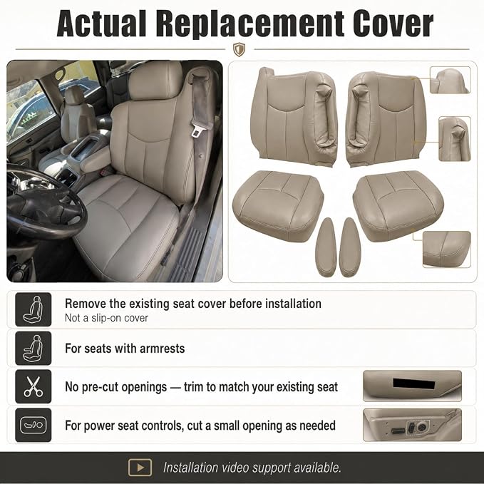 NLQR #522/52i Med Tan Driver & Passenger Bottom & Top Lean Back Replacement Leather Seat Covers & Armrests fit for Chevy Silverado Tahoe Suburban Avalanche GMC Yukon Sierra 1500 2500 3500 HD 2003-2007