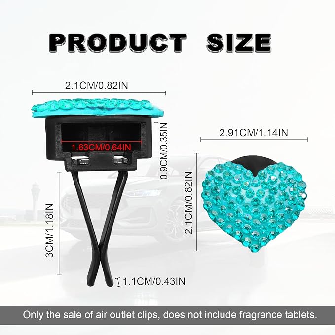 2Pcs Car Air Vent Clip, Bling Crystal Heart Charms Car Air Vent Clips, Air Conditioning Outlet Clip Decorative, Interior Decoration Accessories Universal for Women and Man (blue)