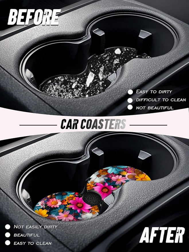 Car Cup Coasters,2 Pack Car Coaster,2.75inch Anti Slip and Absorbent Cars Coasters for Cup Holders,Neopren Accessories for Women,Cute Decor for Women (Colourful Flowers)