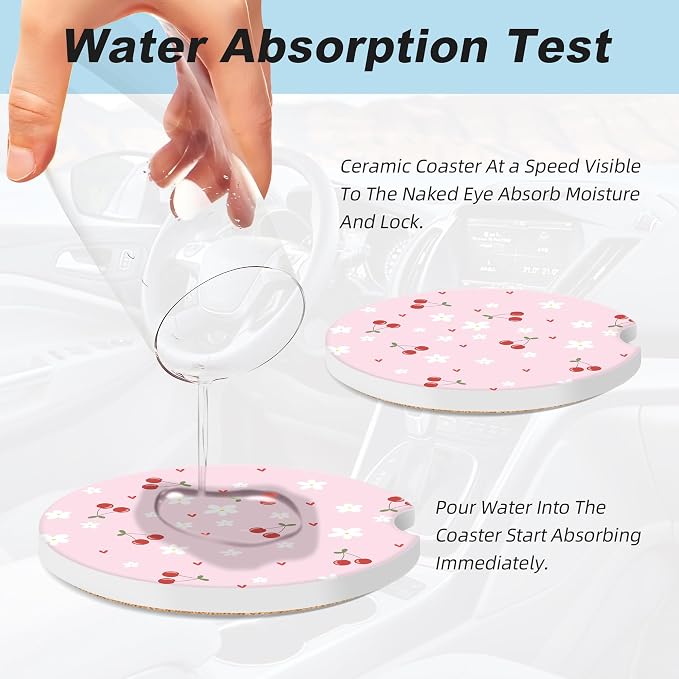 Pink Cherry Car Coasters for Cup Holders,2 Pack Car Cup Holder Coasters for Car,Ceramic Absorbent Car Coaster with A Finger Notch and Cork Base,Car Interior Accessories for Women Men