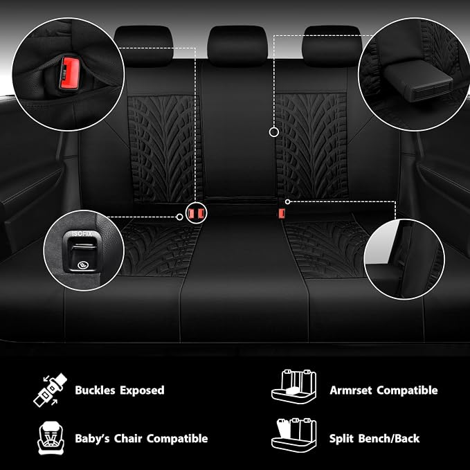 CAR PASS Neoprene Waterproof Seat Covers Full Sets, Wetsuit Car Seat Covers 5 Seats Universal Fit for Vans, Truck, SUV, 3D Tyre Embossed Seat Covers Anti Slip with Armrests, Aibag Compatible(Black)
