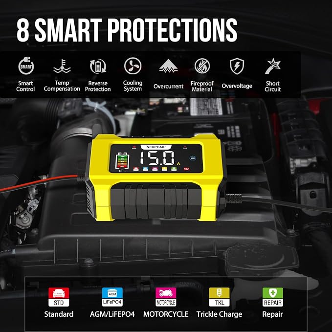 NEXPEAK NC215 15-Amp Battery Charger, Trickle Charger Car Battery Charger 12V 24V LiFePO4 Lead Acid Portable 9-Stage Smart Battery Maintainer w/Temp Compensation for Car Truck Lawn Mower Boat Marine