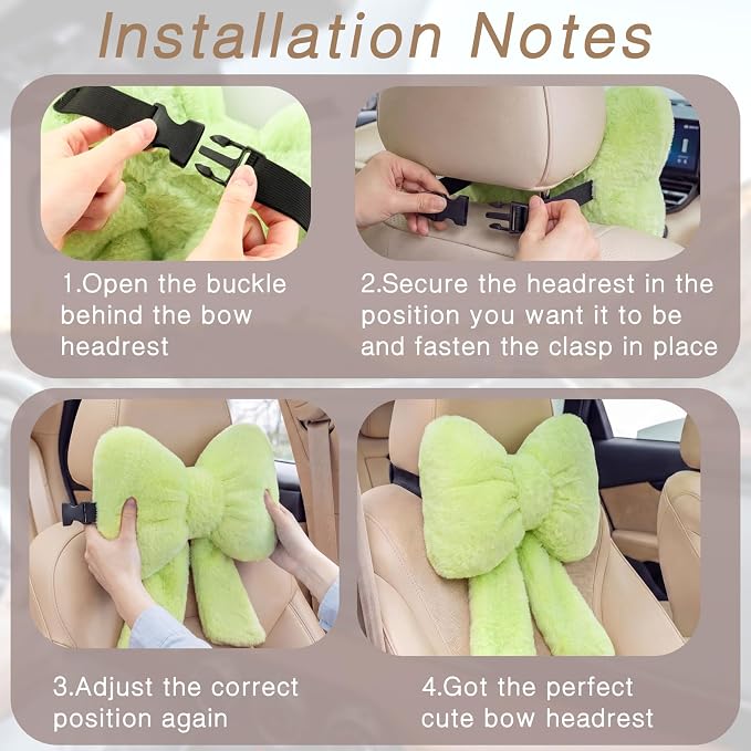 Macarrie 2 Pcs Car Neck Pillow Plush Butterfly Bow Car Headrest Pillow Comfortable Seat Neck Support Cute Head Rest Accessories for Driving Travel Driver Chair Girl Interior Decor (Sage Green,Solid)