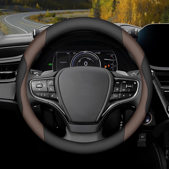 Steering Wheel Cover Universal Standard Size 14.5-15 inch, Non-Folding Packaging, Microfiber Leather, Anti-Slip, Soft Grip, Sporty Design, Fits for Cars SUVs Trucks, Black and Chocolate Brown