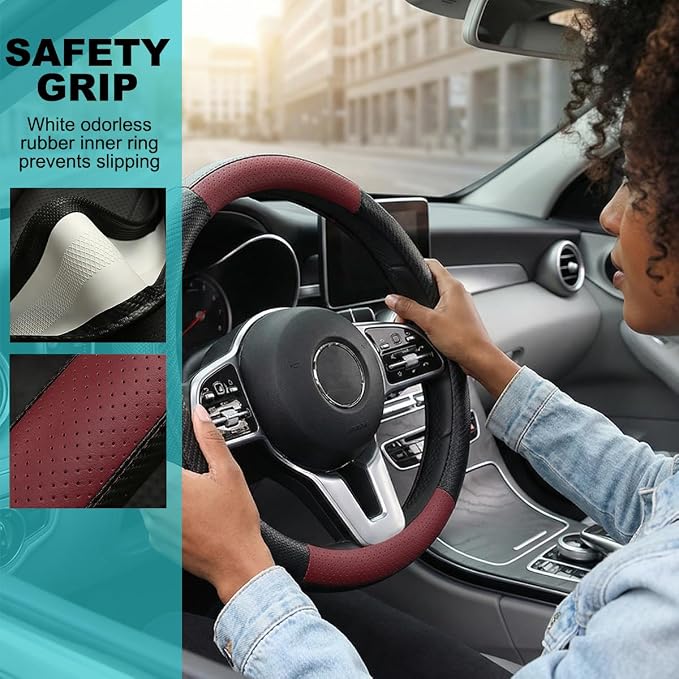 Car Steering Wheel Cover, Breathable Carbon Fiber Vehicle Steering Wheel Protector with Anti-Slip Lining, Automotive Interior Accessories, Universal for SUV RV Truck (Black Wine Red)