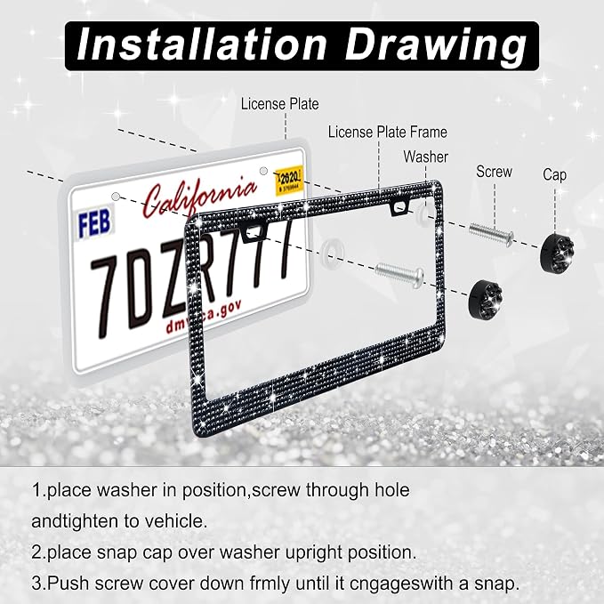 Amiss Bling License Plate Frame for Women, 2Pack Rhinestone Handcrafted Crystal Premium Stainless Steel, Stainless Steel Car Accessories with Diamond Sparkle Glitter Caps (Black)