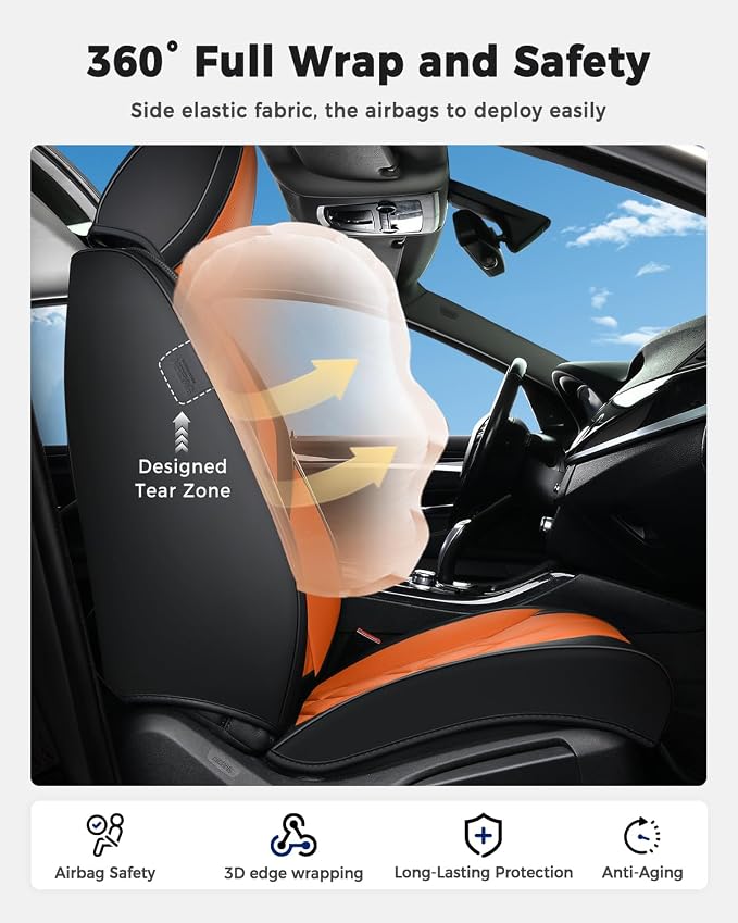 Huidasource Car Seat Covers, Universal Fit for Cars SUV Truck, Black&Orange | Full Coverage Leather Seat Cover, Airbag, Cupholder Compatible, Seat Function Retain, Easy Install with Velcro