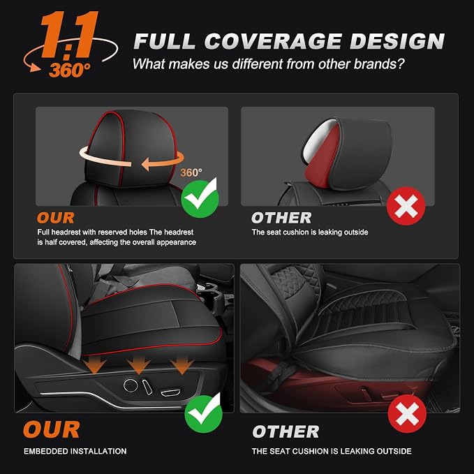 AOMSAZTO Truck Seat Covers for Chevy Silverado/GMC Sierra 1500 (2007-2013) 2500HD/3500HD (2007-2014) - Black with Red Trim Faux Leather Car Seat Cover Full Set(Rear 40/60 Split for Crew Cab)