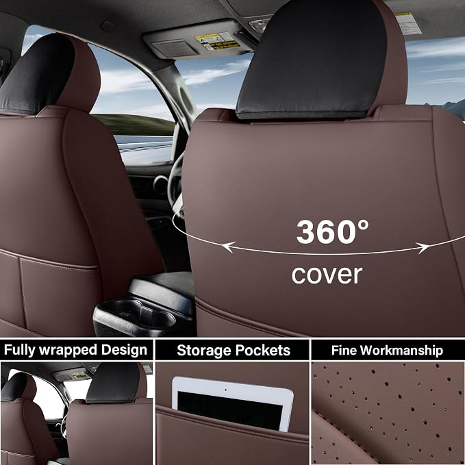 Coverado Tacoma Seat Covers, Leather Car Seat Covers Full Set Custom Fit 2005-2023 Toyota Tacoma Double/Crew Cab, Seat Covers for Cars Car Seat Protector(Brown)