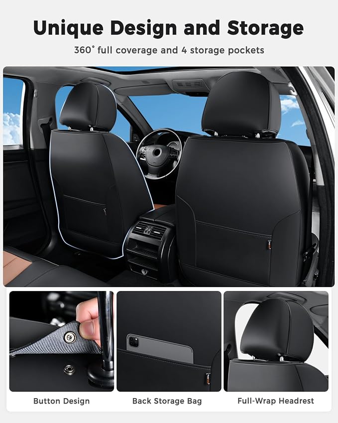 Huidasource Car Seat Covers, Universal Fit for Cars SUV Trucks, Black&Brown | Full Coverage Leather Seat Cover, Airbag, Cupholder Compatible, Seat Function Retain, Easy Install with Velcro