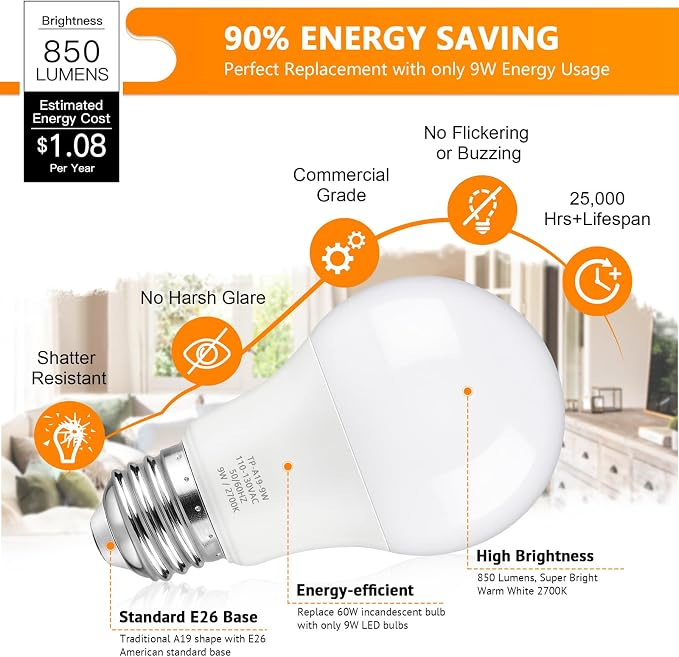 Maylaywood A19 LED Light Bulbs, 60 Watt Equivalent, 2700K Warm White, 850LM, Non-Dimmable, E26 Base, 9W Bright White LED Bulb, 4-Pack