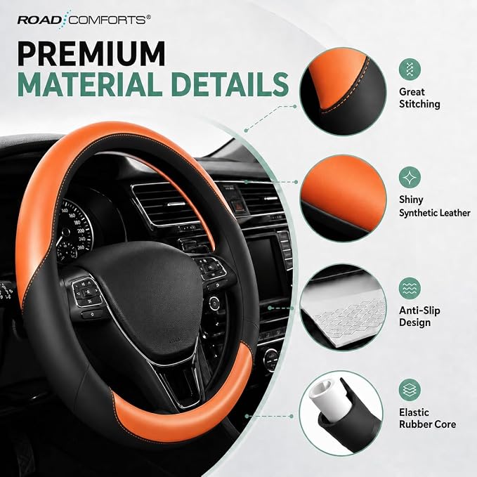Road Comforts Steering Wheel Cover – Breathable Leather Steering Wheel Cover, Anti-Slip Grip, Universal Fit 14.5” to 15”, Heat & Cold Resistant for Cars, SUVs, and Trucks – Black & Shining Orange
