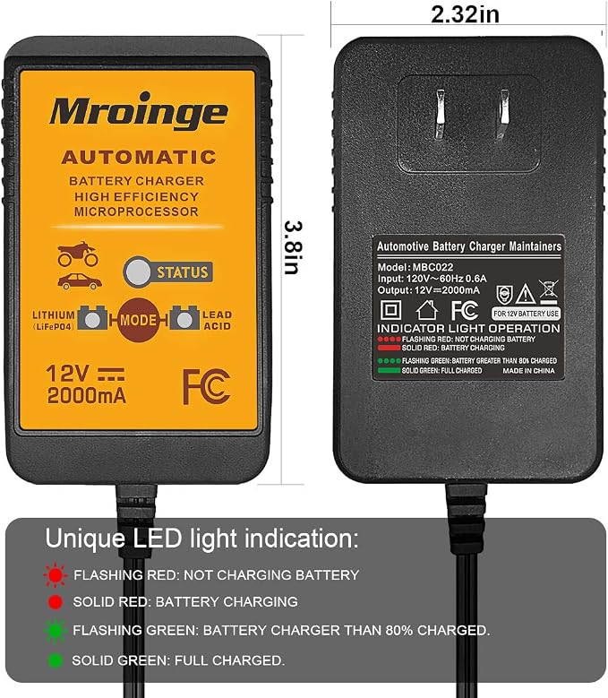 Mroinge MBC022, 12V 2A Lead Acid & Lithium(LiFePO4) Automatic Trickle Battery Charger Smart Battery Maintainer for Car Motorcycle Lawn Mower Boat ATV SLA AGM Gel Lithium(LiFePO4) and More Batteries