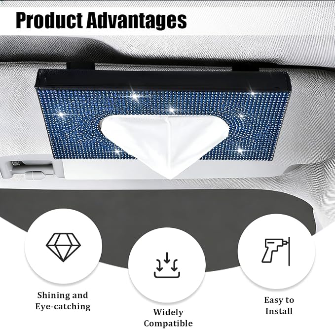 Bling Car Visor Tissue Holder, Shiny Rhinestone Leather Sun Visor Napkin Mask Case Holder Clip, Diamond AUT Paper Tissue Towel Box Dispenser, Universal Fit (Black/Blue)