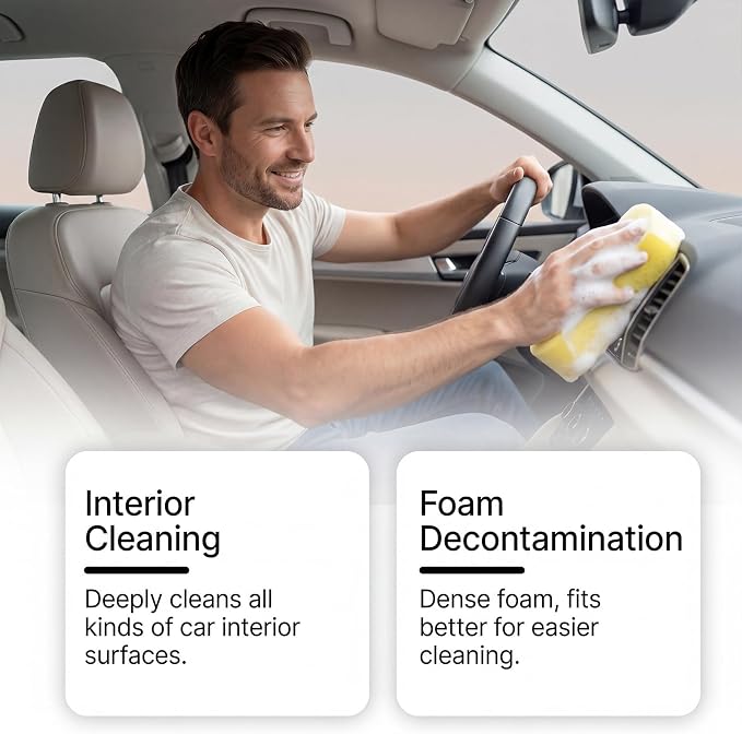 Car Interior Cleaner Foam with Sponge & Microfiber Towel, Deep Cleaning Auto Detailing Spray for Dashboard, Leather, Vinyl, Plastic, Carpet & Upholstery, Fast Stain Removal, Quick Drying, Lemon Scent